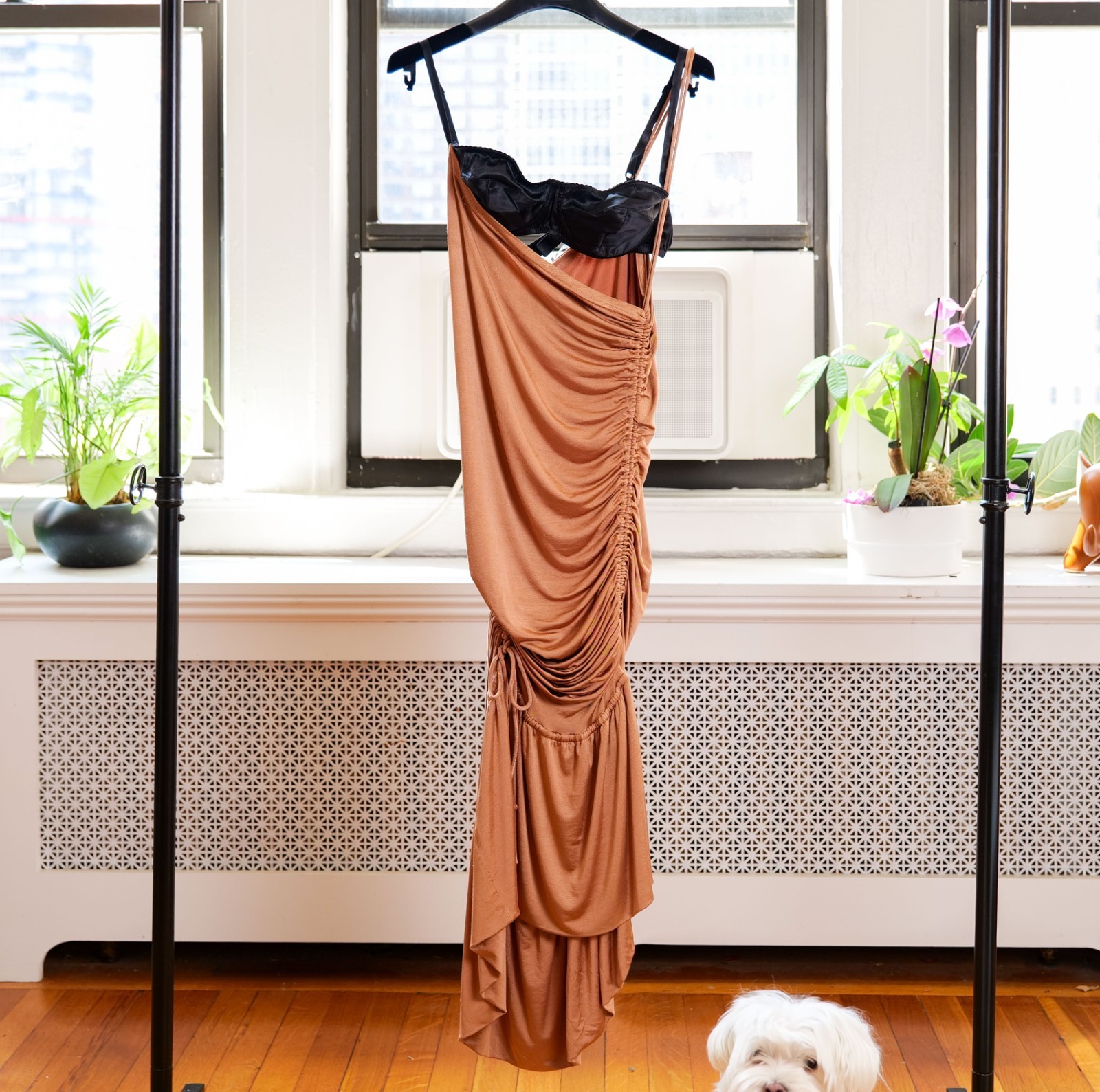 NWOT Dolce & Gabbana Tan Ruched Jersey Black Bra Asymmetrical Dress (IT44, US8)