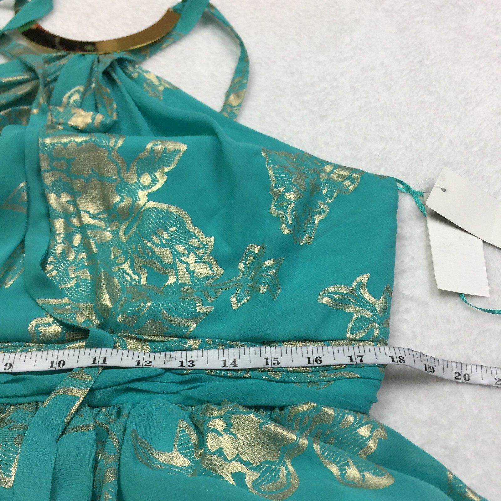 NWT Robbie Bee Evening Cocktail Halter A-Line Dress Sz 14 Woman Blue Gold Floral