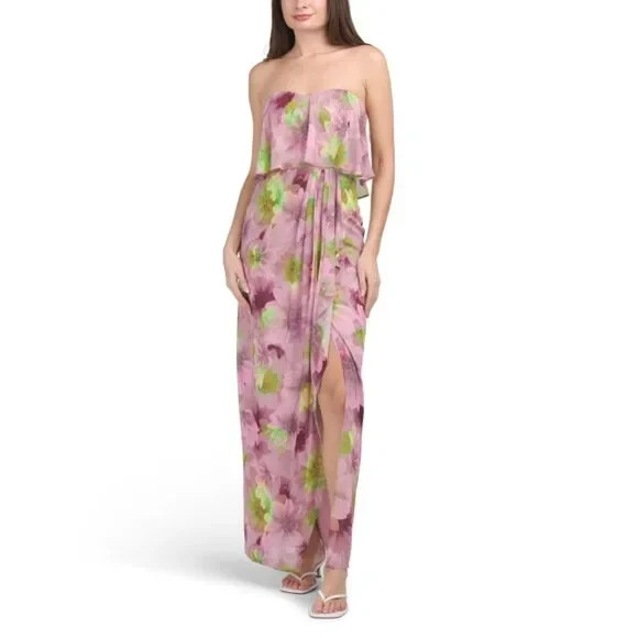 Jewel Badgley Mischka Metallic Purple Floral Strapless Chiffon Dress Size 4 $218