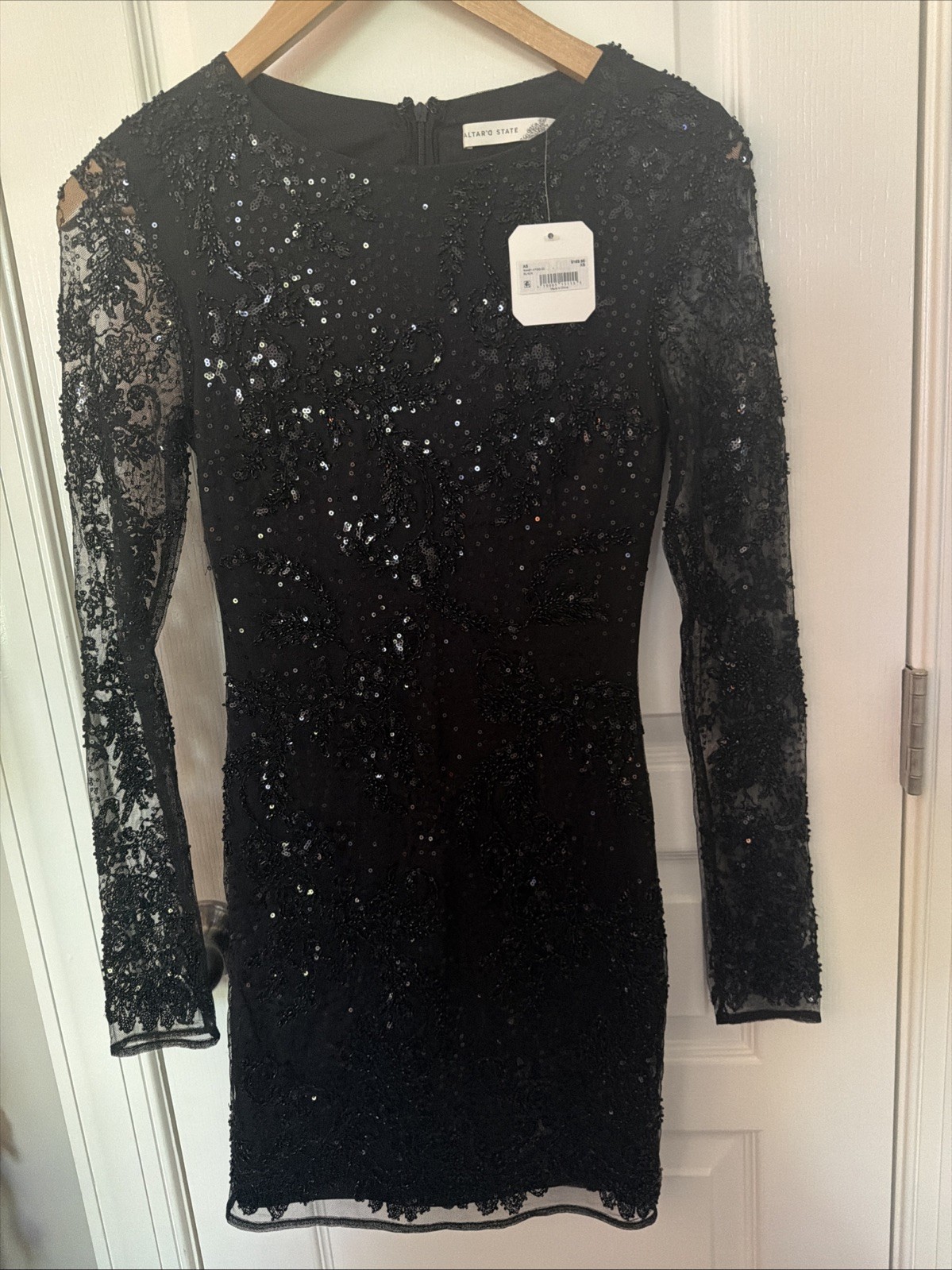 Altar’d State Black Beaded Sequined Lace Cocktail L/S Women’s Mini Dress XS NWT
