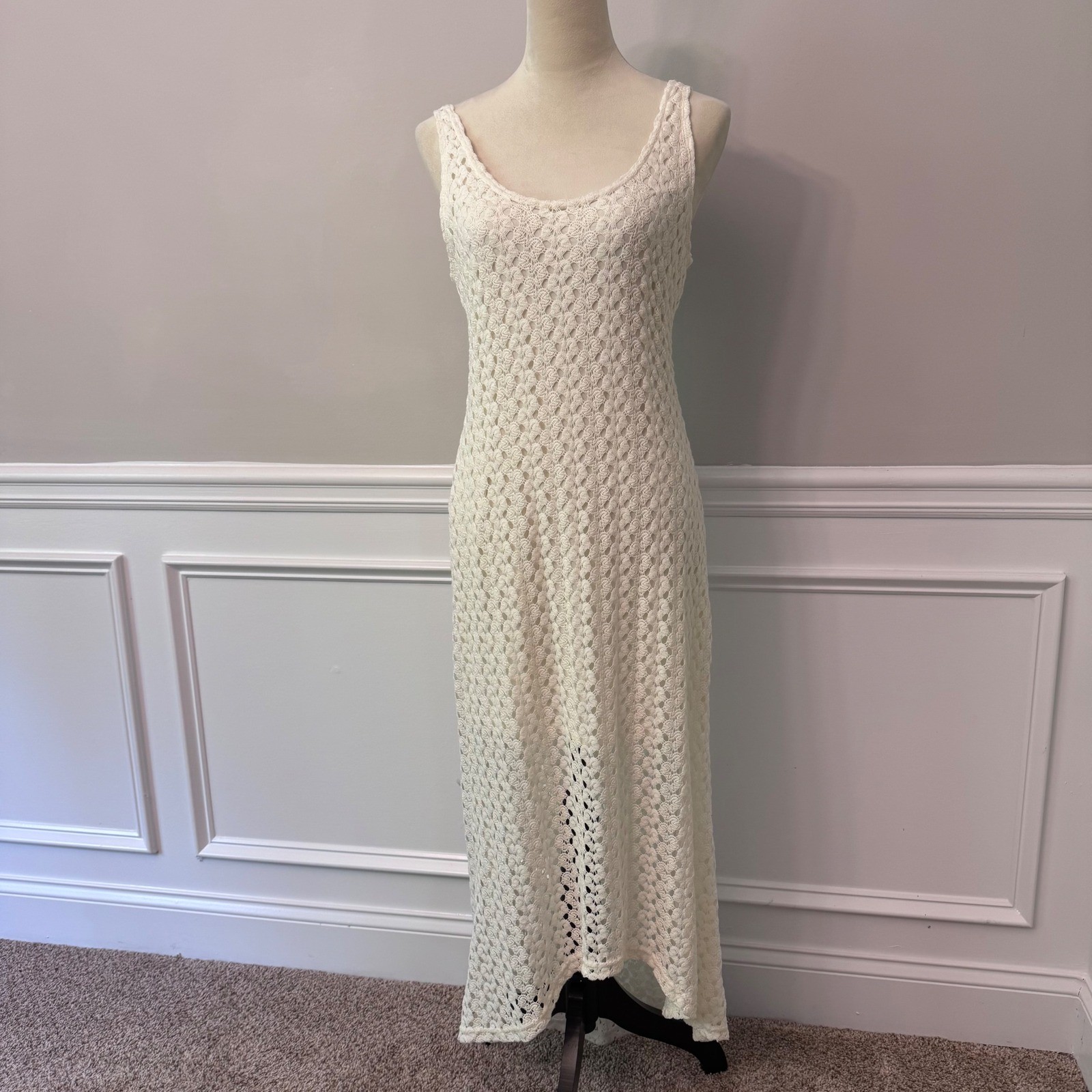 Y2K Cream Crochet Cottagecore Maxi Earthy Boho Sleeveless Scoop Neck L