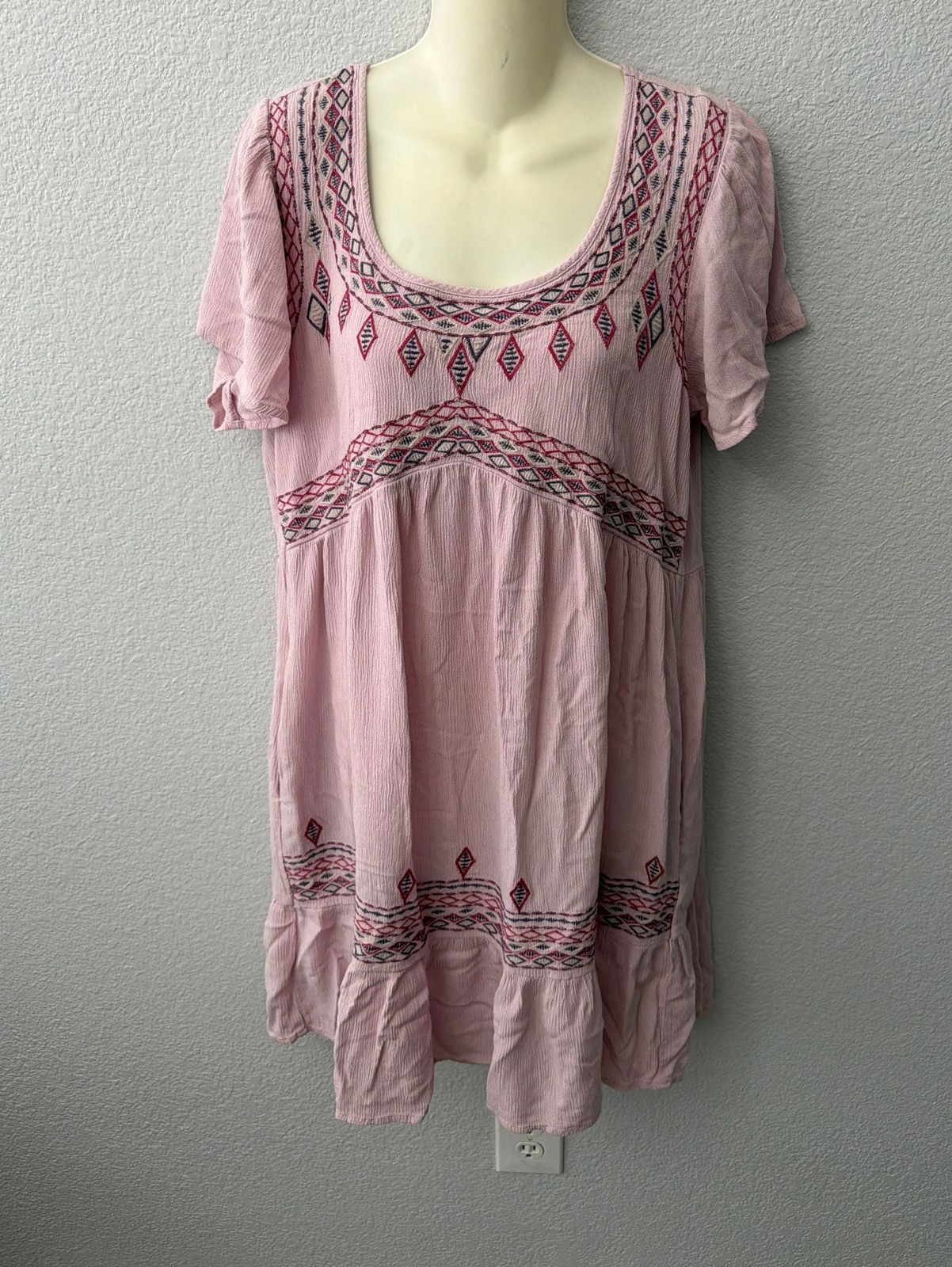 Knox Rose Pink Boho Embroidered Short Sleeve Mini Dress