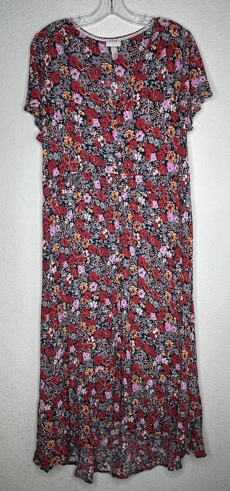 Knox Rose Maxi Dress Womens XXL 2X Dainty Floral Red Hi Low Hem Boho Cottagecore