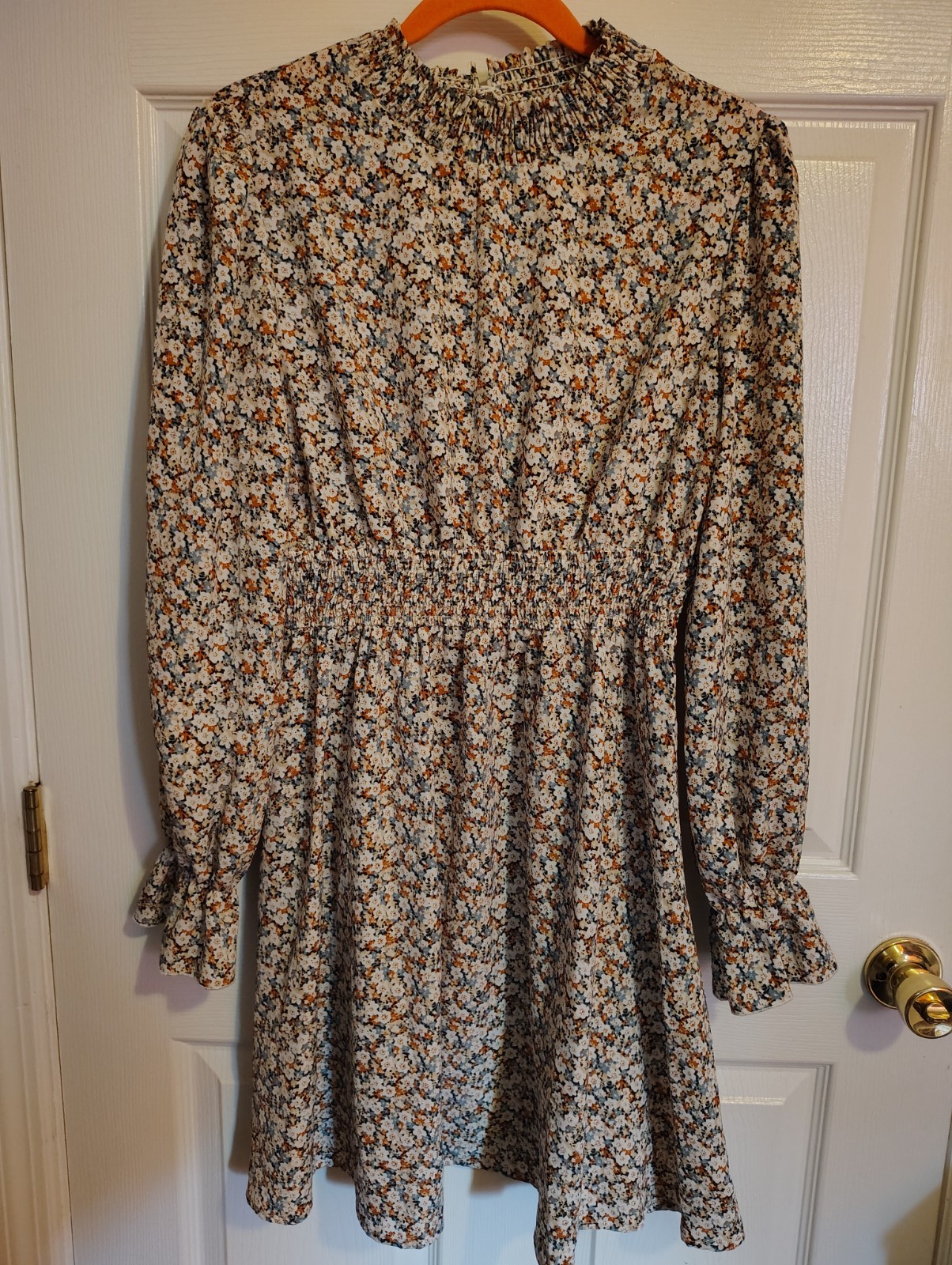 Women’s Floral Black White Orange High Neck Smocked Ruffle Long Sleeve Dress