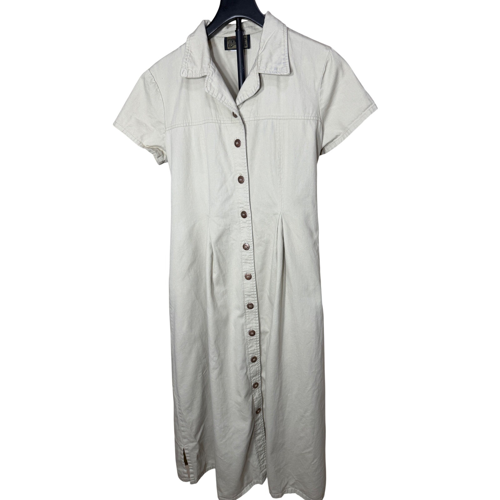 Vintage Blue Tan Cotton Maxi Dress Short Sleeve Button Front Tie Back 11/12