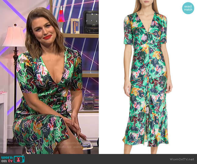 SALONI Green Floral Botanical Print EDEN Satin Silk Hi-Slit Midi Dress 10US 14UK