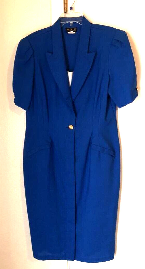 Breli II Womens Coat Shift Dress Blue Midi Notch Lapel Short Sleeve VTG USA 16