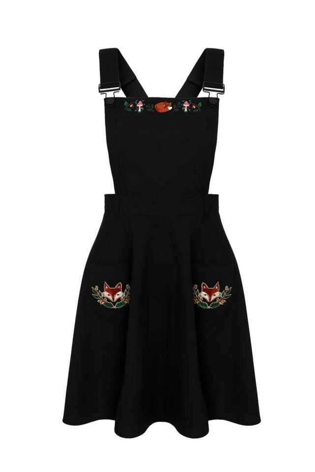 Hell Bunny Basil Dress Pinafore with Pockets Fox Embroidery Vintage Retro Style