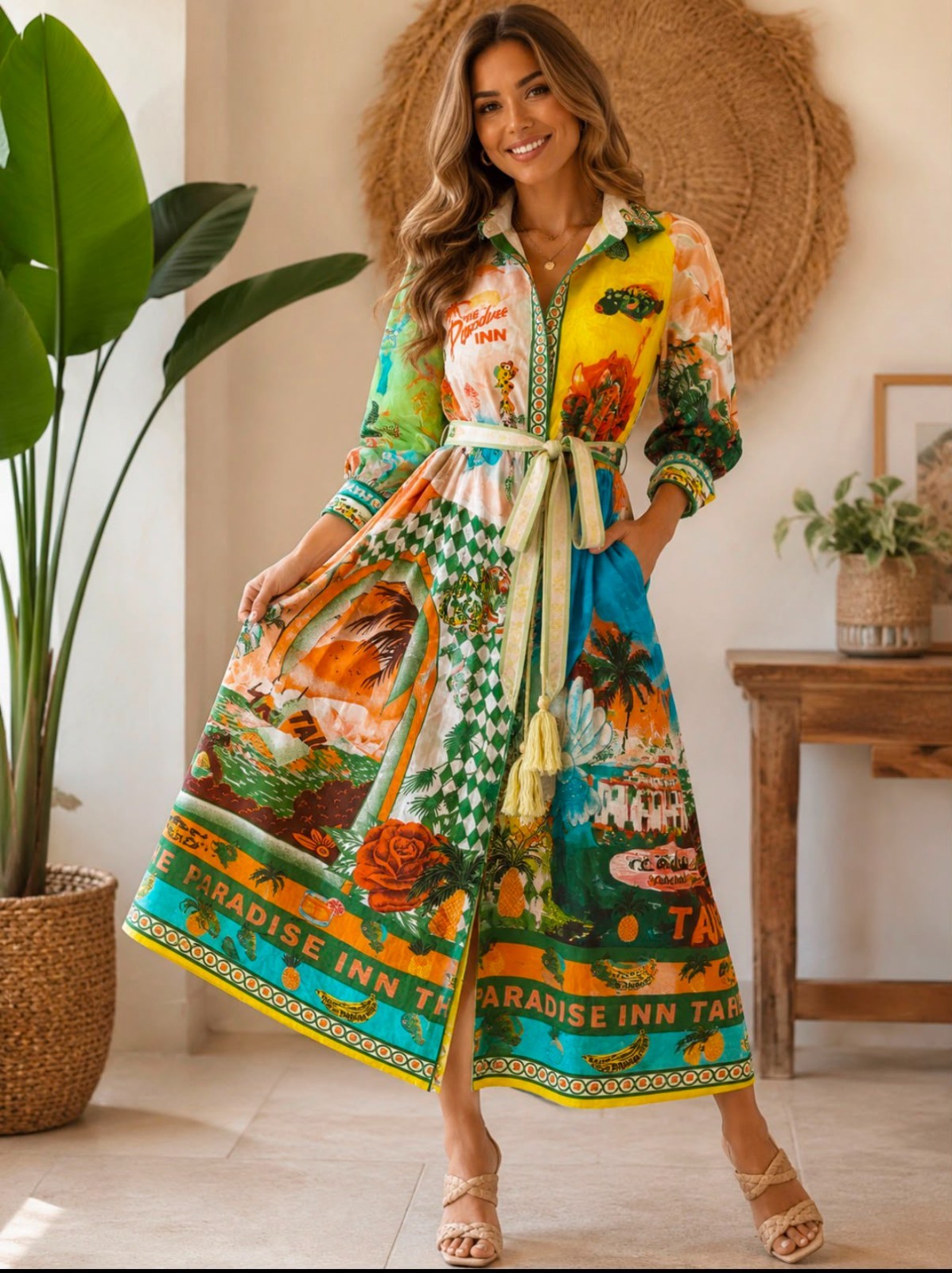 ALEMAIS Paradise Inn Shirt Dress Belted Ramie Cotton Tropical Print Size M