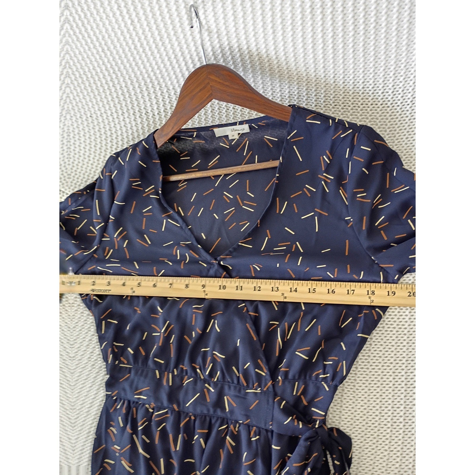 Memuse Whimsical Navy Blue Abstract Print Wrap Mini Dress Short Sleeve S/M NWOT