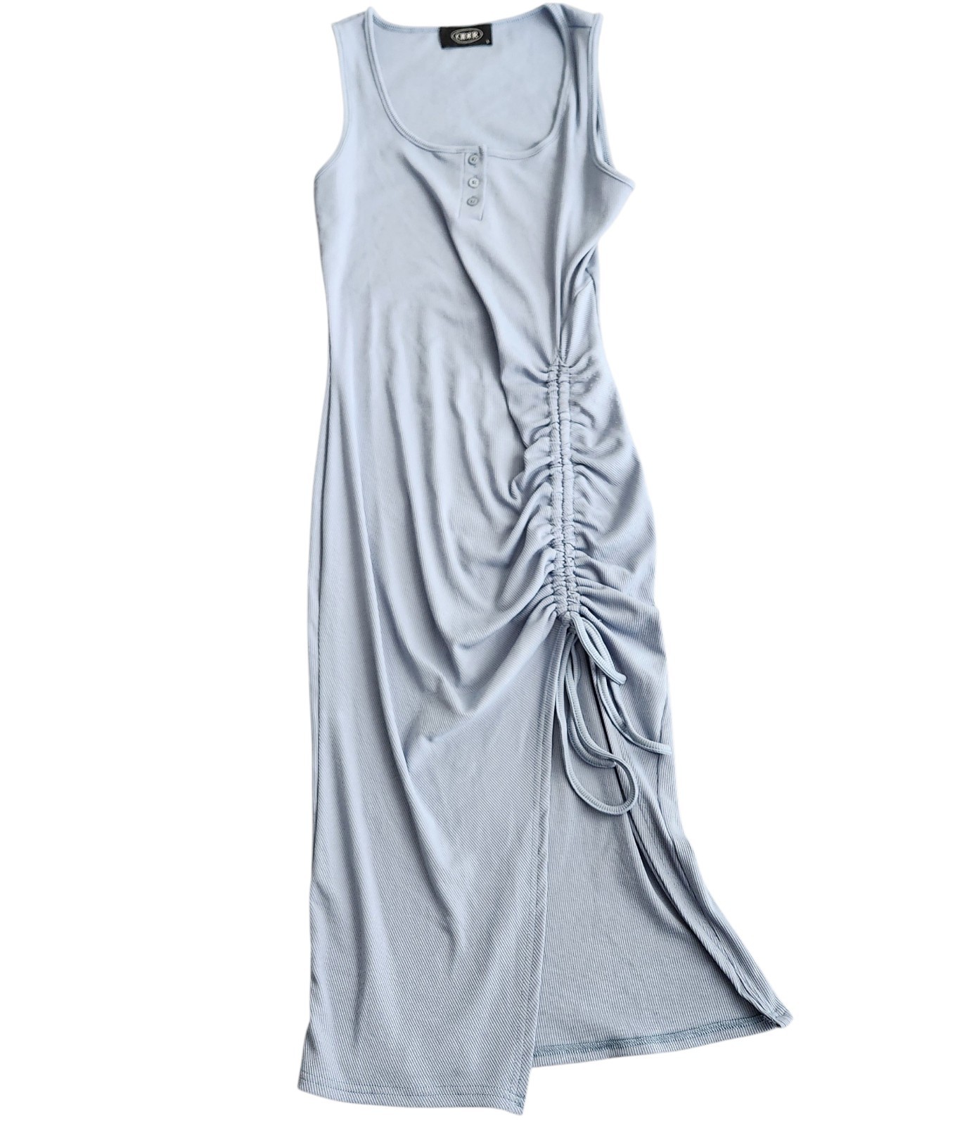 Cider Rib Button Drawstring Midi Knit Dress Women’s L Blue Bodycon Fairy Cozy