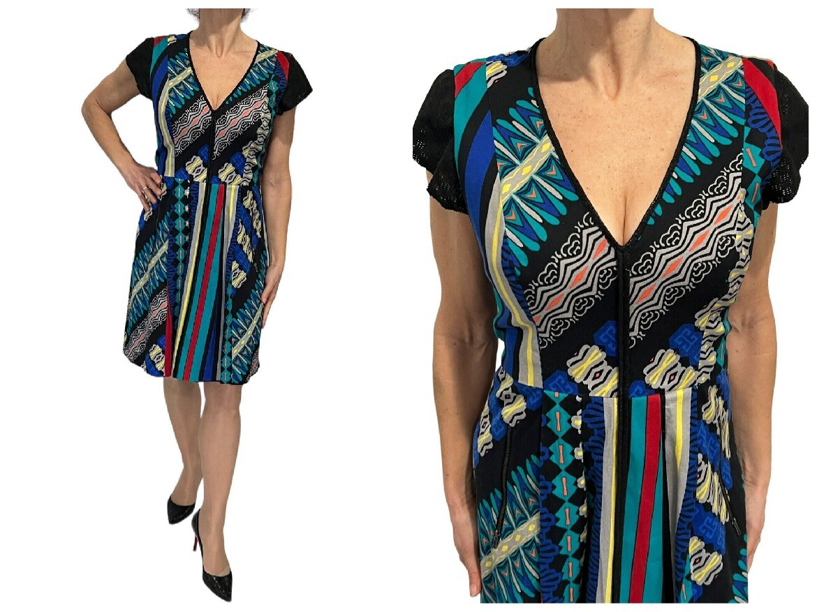 PLENTY by TRACY REESE Colorful Graphic Cap Sleeve V neck Suede Trim Dress 12