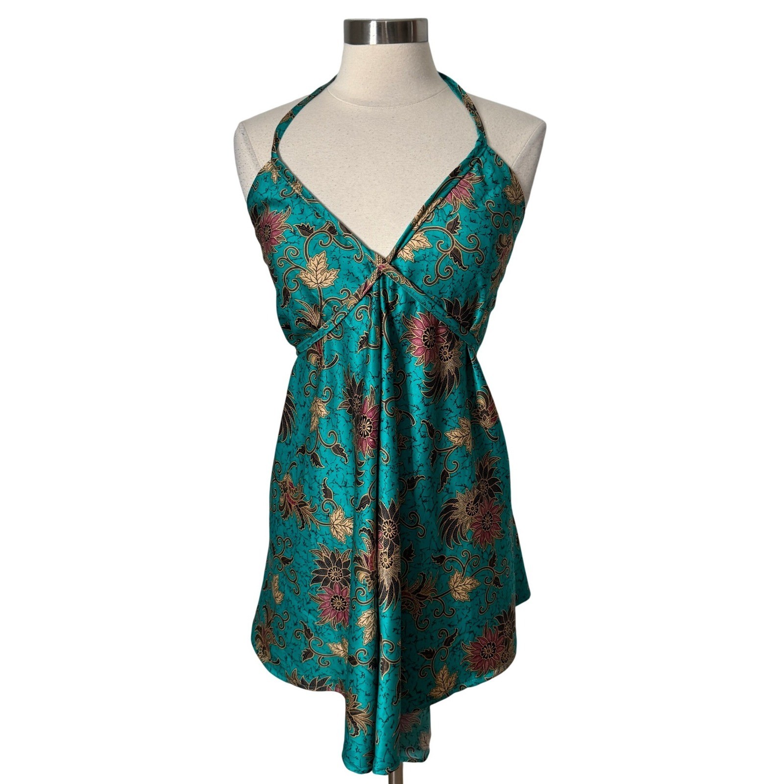 Teal Floral Batik Print Halter Top V Back Boho V-Neck Mini Dress Womens One Size