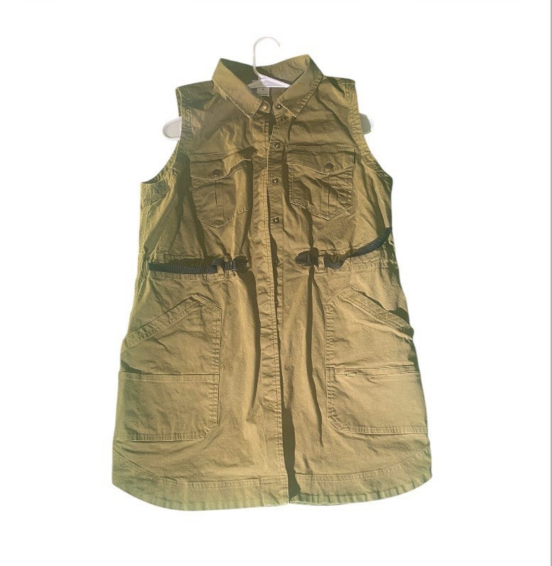 Duluth Women’s Tan Solid Sleeveless Collared Button Front Vest Dress M Pockets