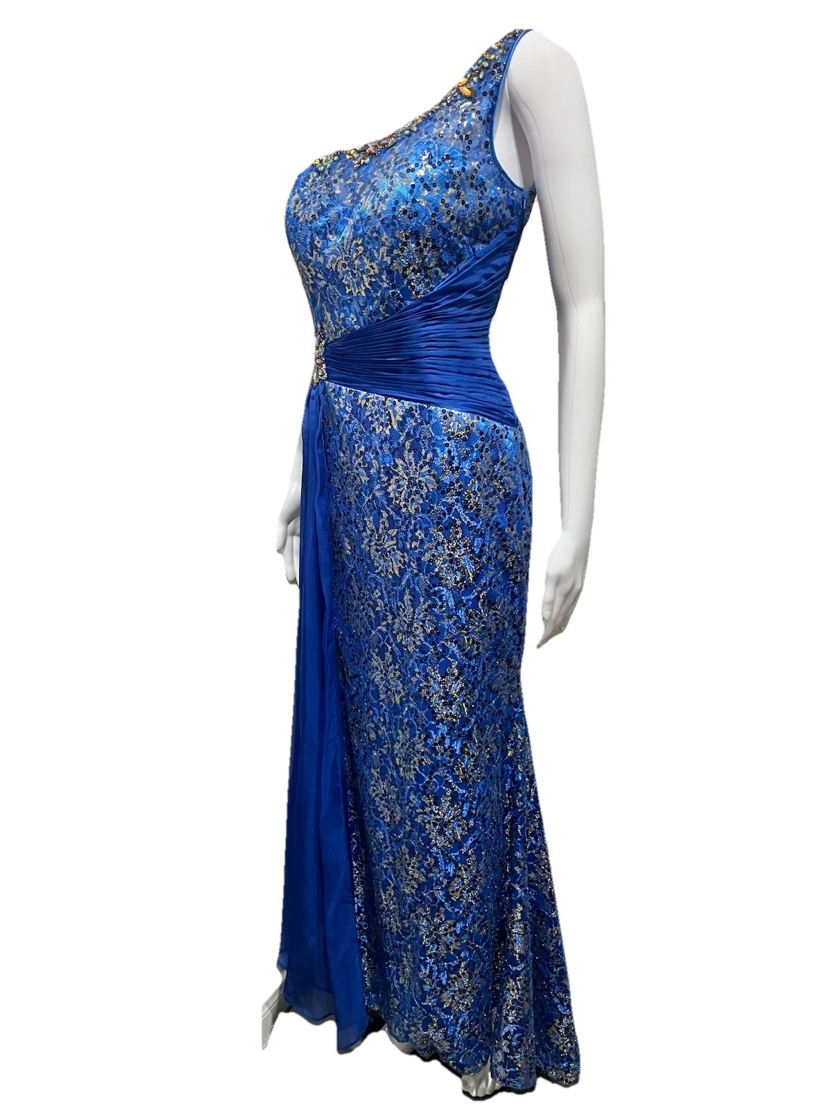 Dancing Queen 6 Royal Blue & Gold Beaded One Shoulder Dress Prom Formal Vintage