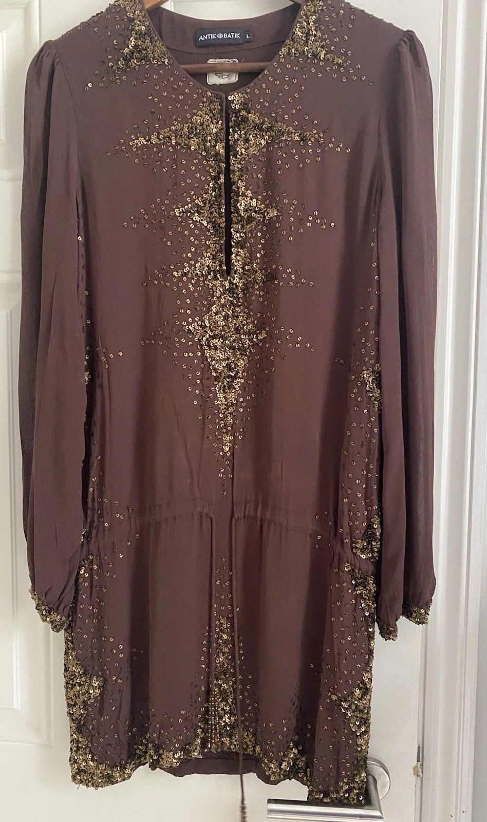 Antik Batik 100% viscose sequinned chocolate short belt dress check description
