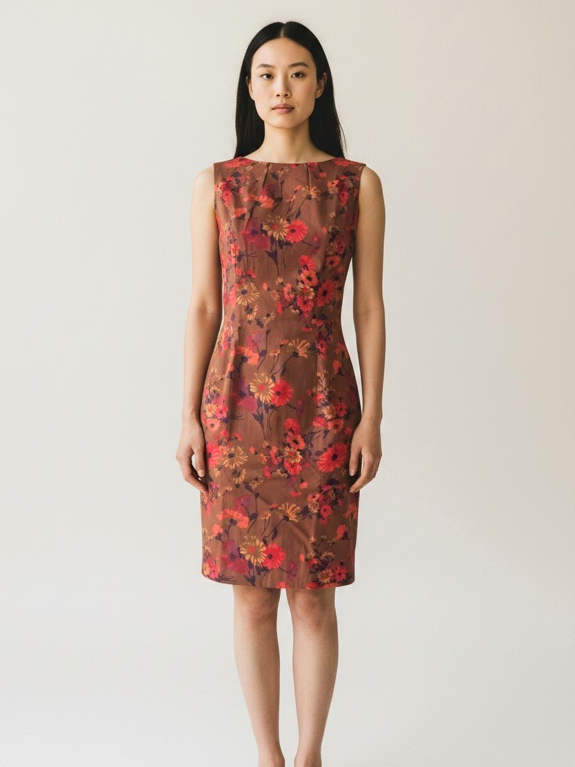 F&F 100% Cotton Floral Shift Dress UK 8 10 Chocolate Brown Retro Summer Vintage