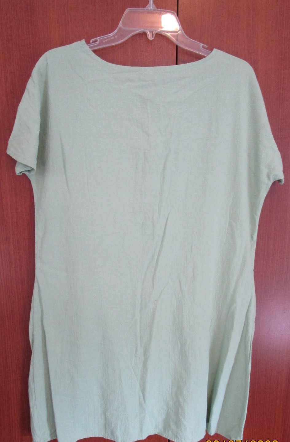 Green Shift Dress w Pockets & Partial Zipper Large Cotton Bust 43 Length 32 in