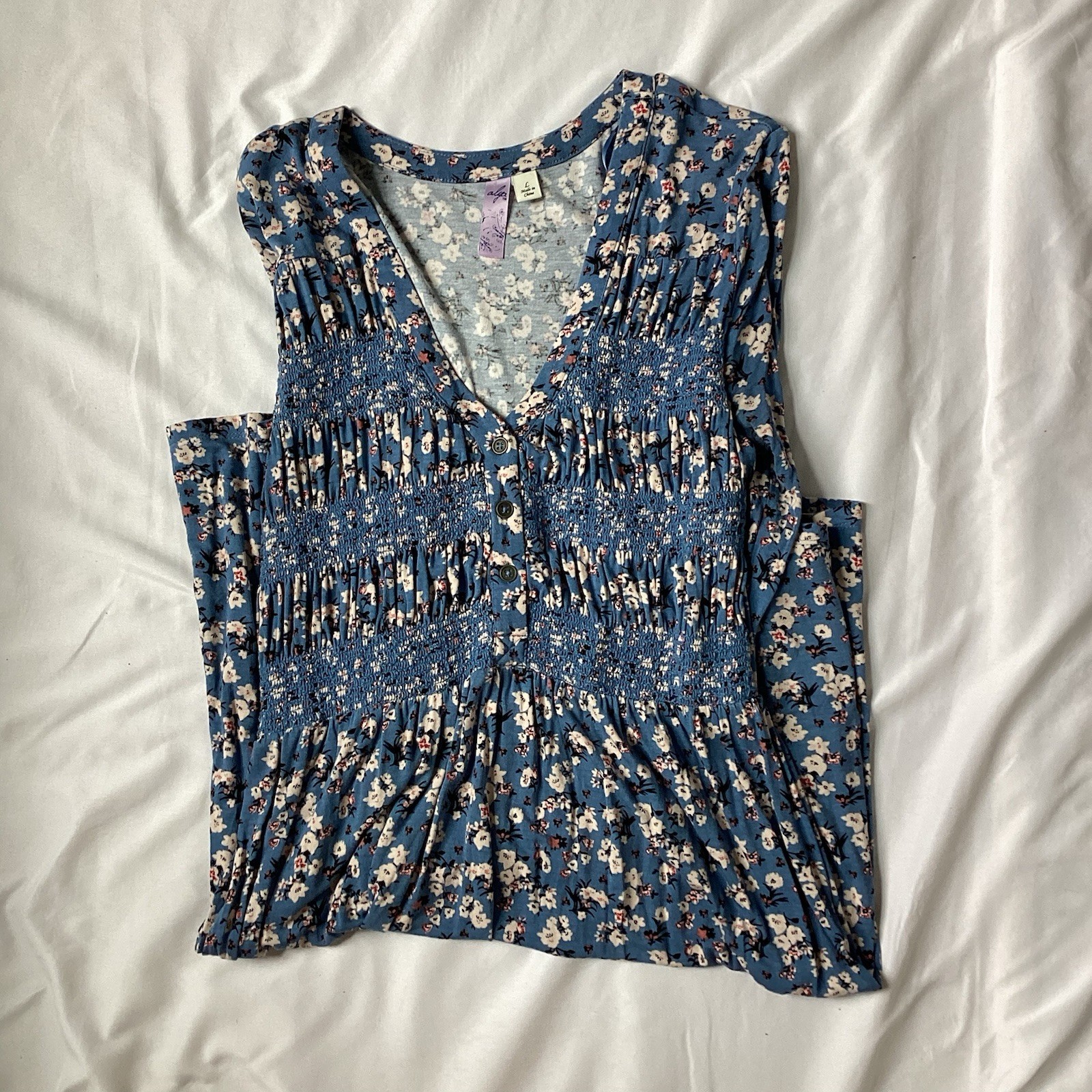 Alga Ladies Blue Print 3/4 Sleeve V-Neck Rayon Blend Dress Size L
