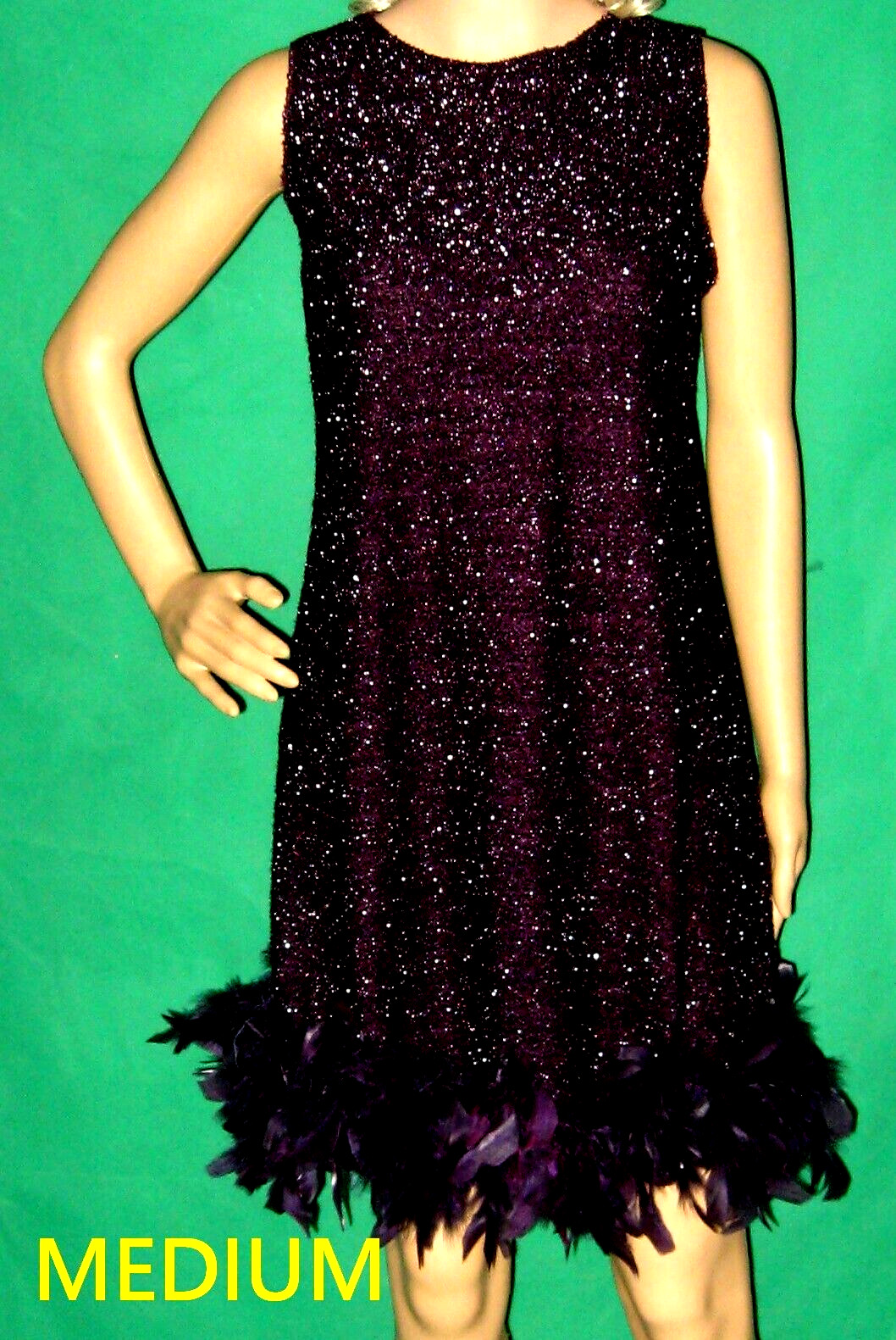 NEW M purple FEATHER dress SILVER retro metallic mod shift flapper party club