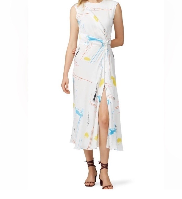 Cedric Charlier Dress Silk Fantasy Print abstract blend sleeveless slit Size 6