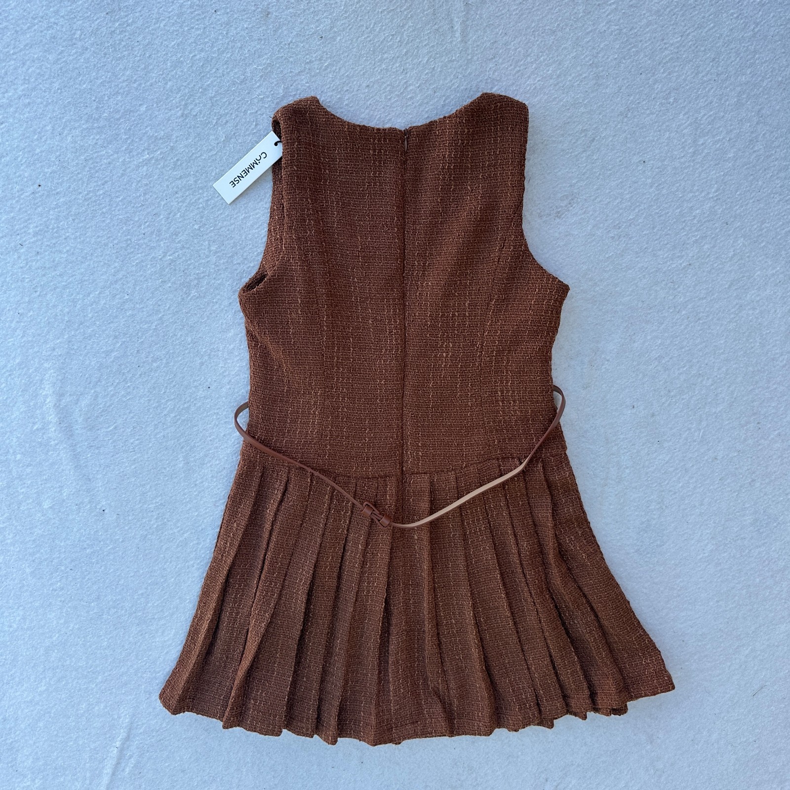 Commense Brown Textured Boucle Mini Dress Pleated Skirt Sleeveless Medium
