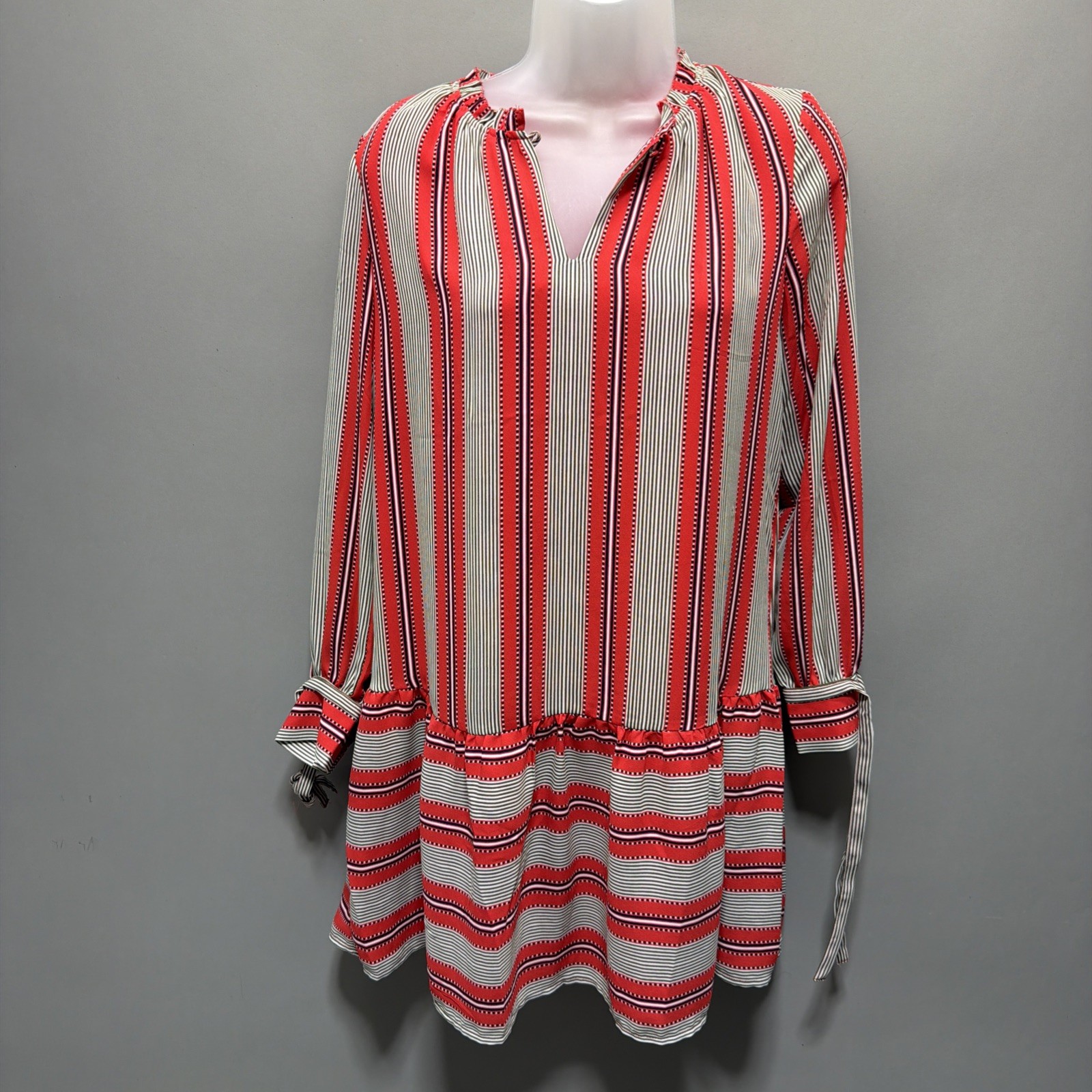 Ann Taylor Loft Red Striped Flounce Hem Shift Shirt Dress Sz XS Petite Tie Cuff