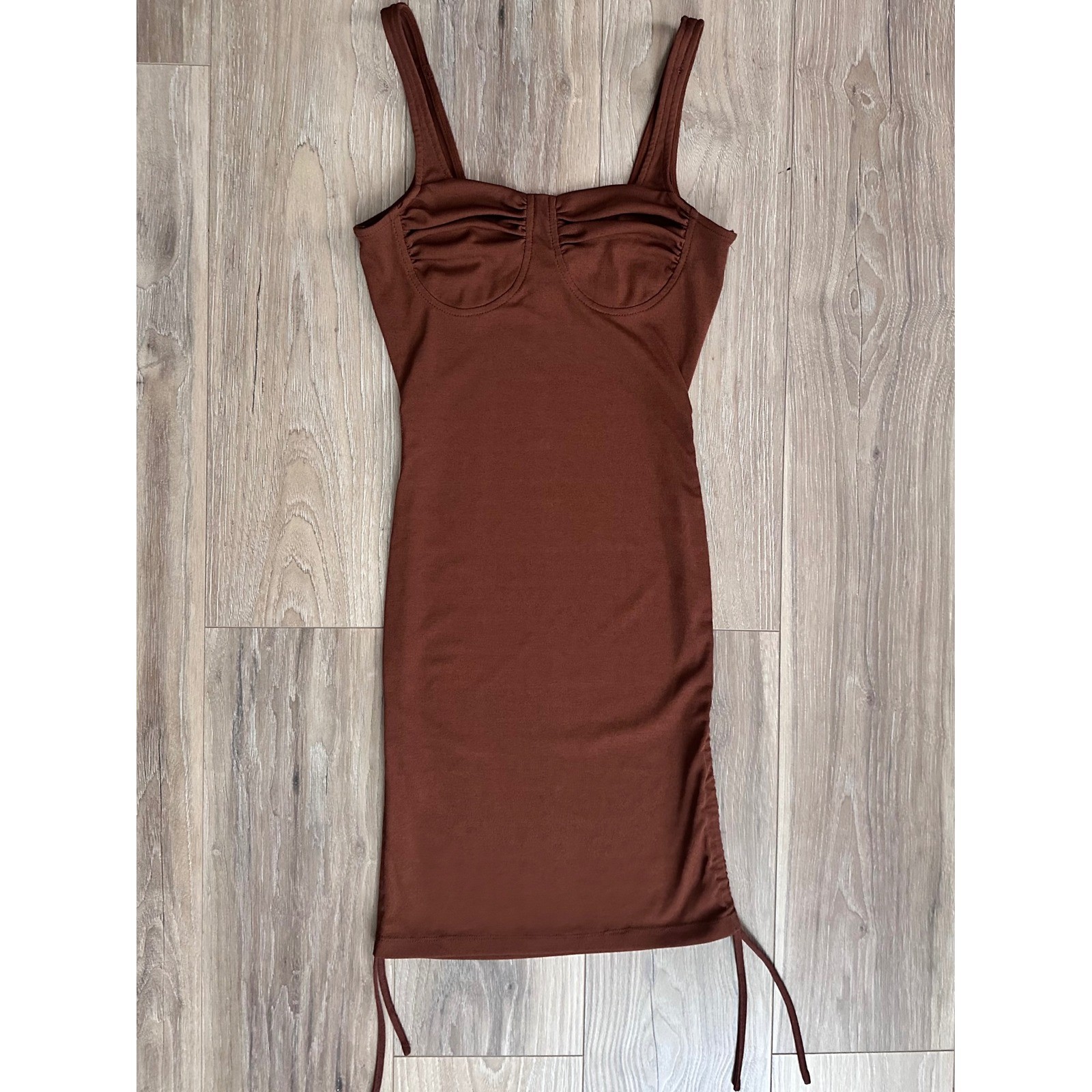 J.O.A. Brown Ribbed Bustier Bodycon Mini Dress SM Going Out Earthy Minimalist
