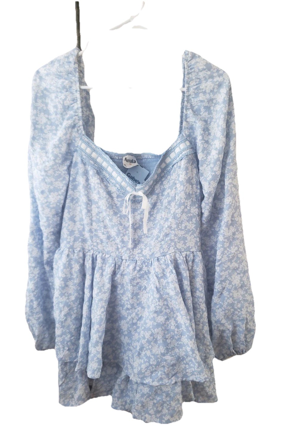 NWT Women’s Arula Long Sleeve Romper, Light Blue with White Flowers, Size 0X