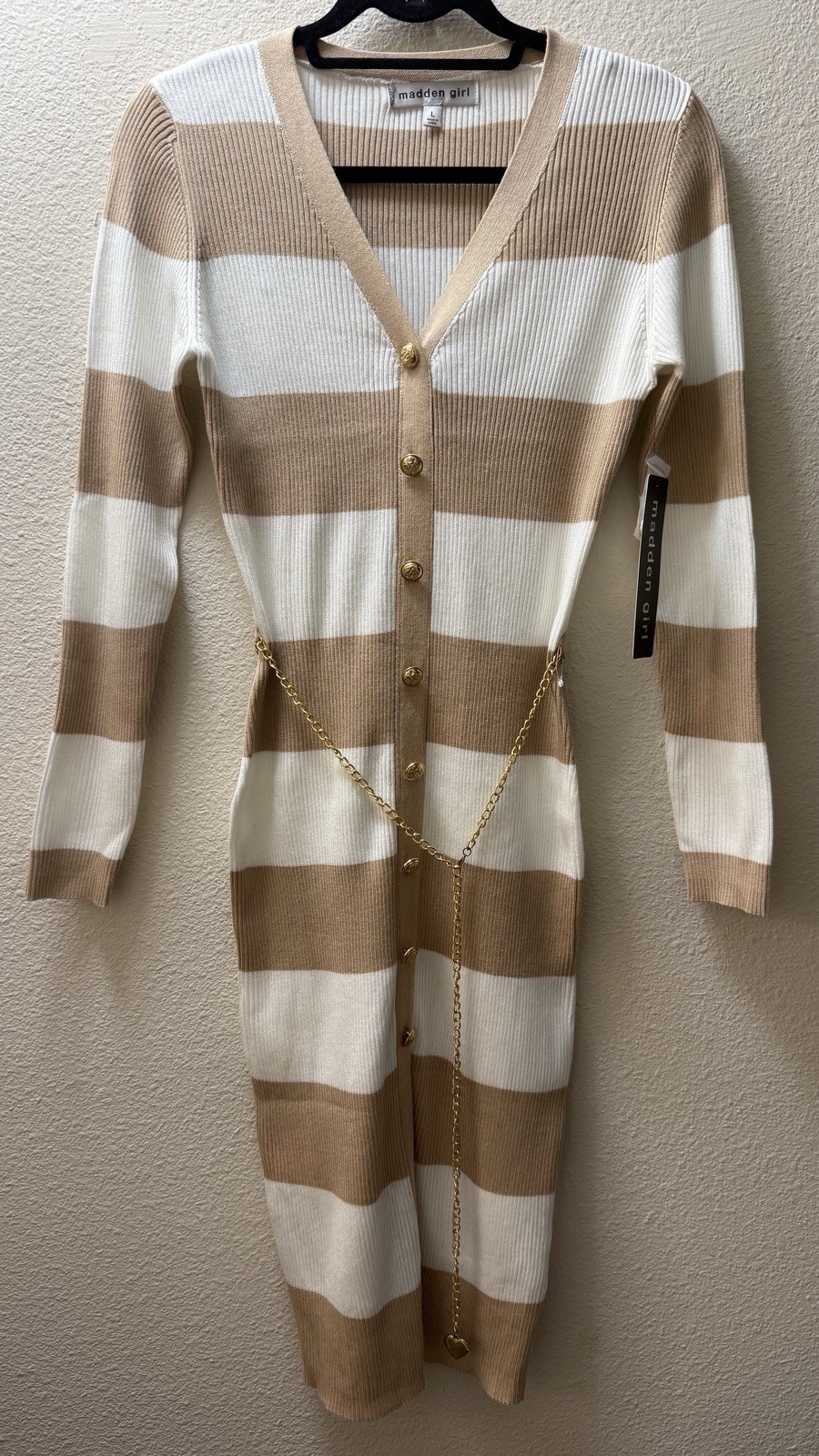 Madden Girl Dress M NWT Striped Sweater Gold Chain Belt Midi Bodycon Tan White