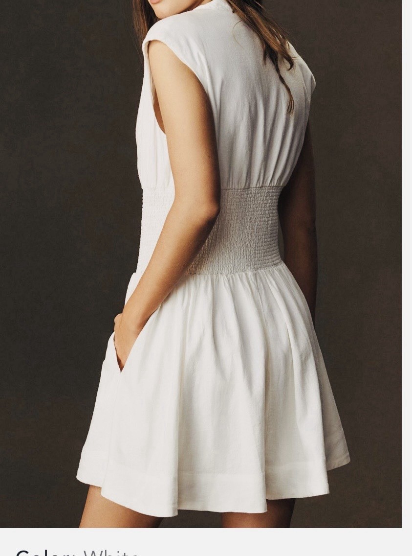 Anthropology -Maeve Small Tommie Cap-Sleeve Smocked Front-Zip Shirt Dress: Linen