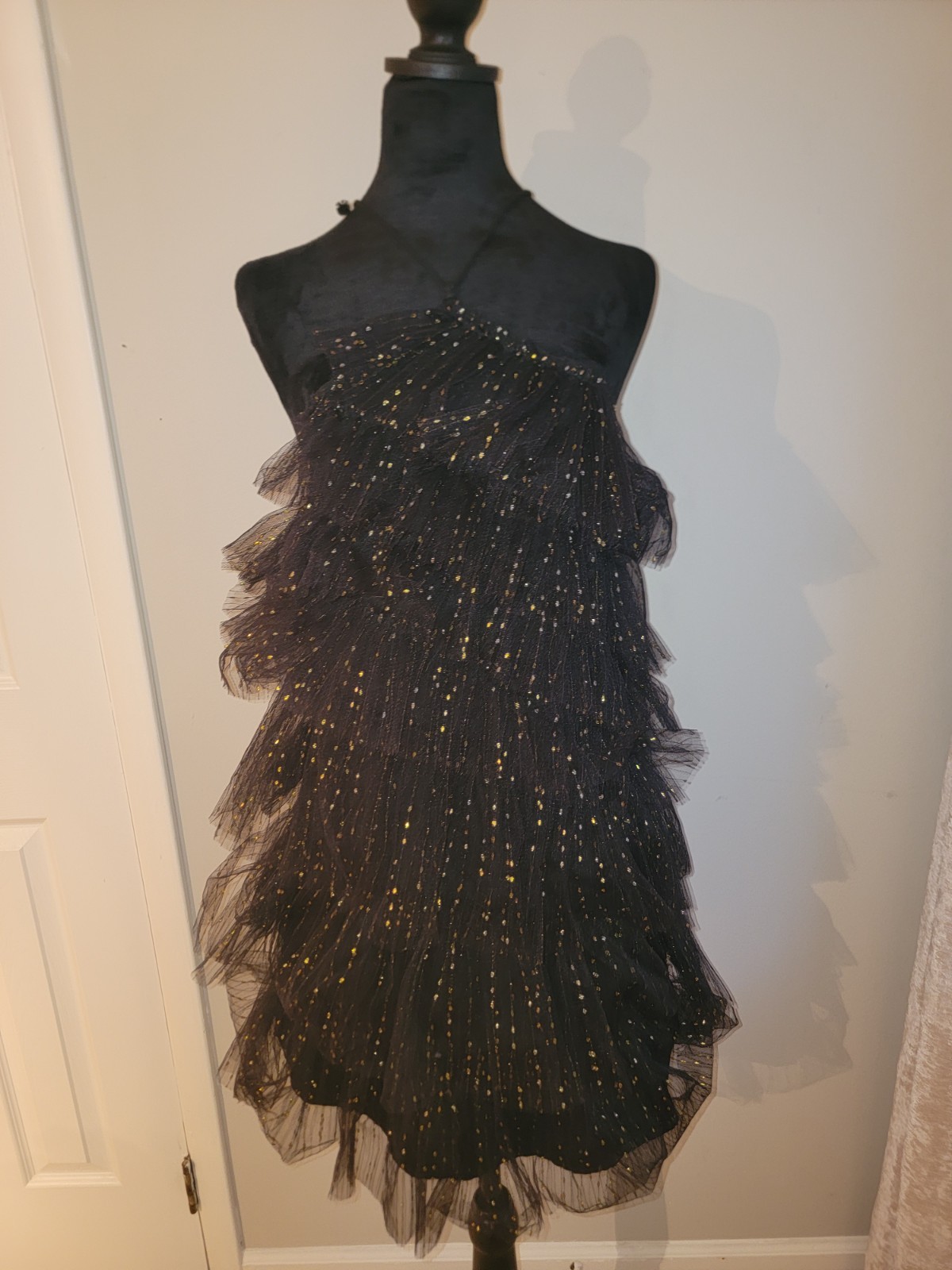 Shein Womens Black And Gold Sparkle Tulle Asymmetrical Tiered Halter Dress Large