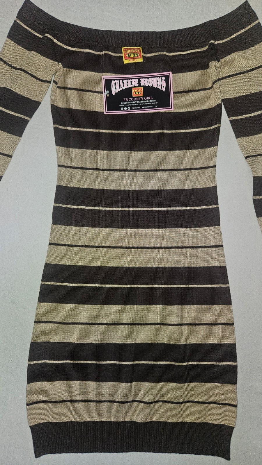 FB County Women’s Brown/Tan Striped Off-Shoulder Long Sleeve Bodycon XS/S