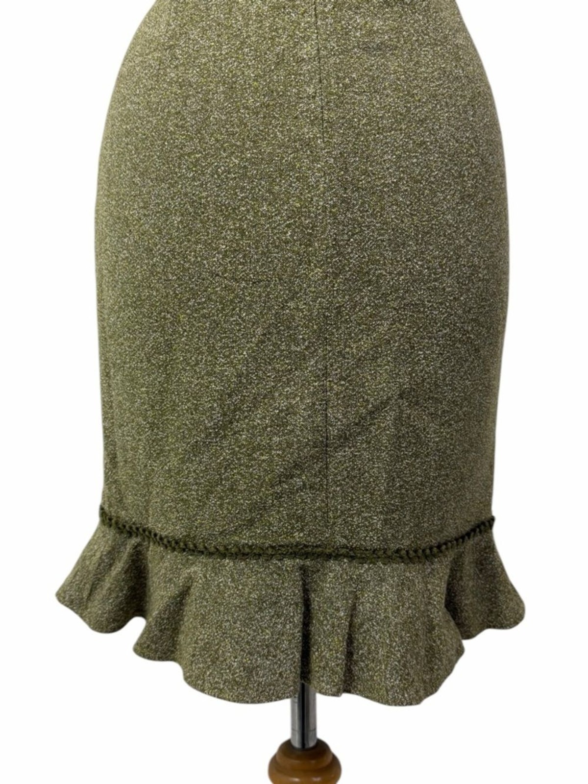 David Meister Olive Green Wool Boucle Ruffle Hem Sleeveless Sheath Dress 6