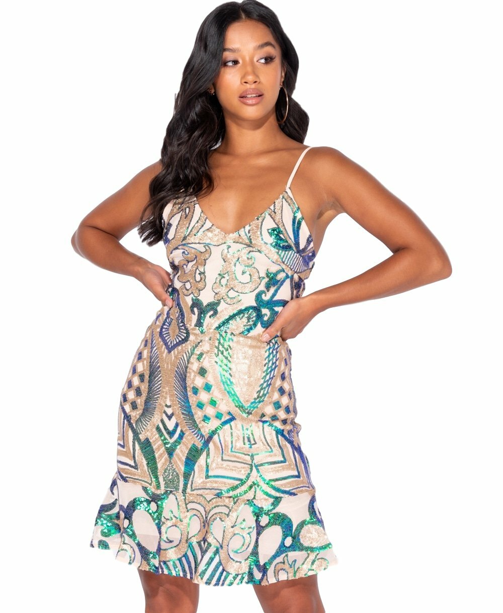 Ladies Sequin Embroidery Lace Up Back Dress 12607