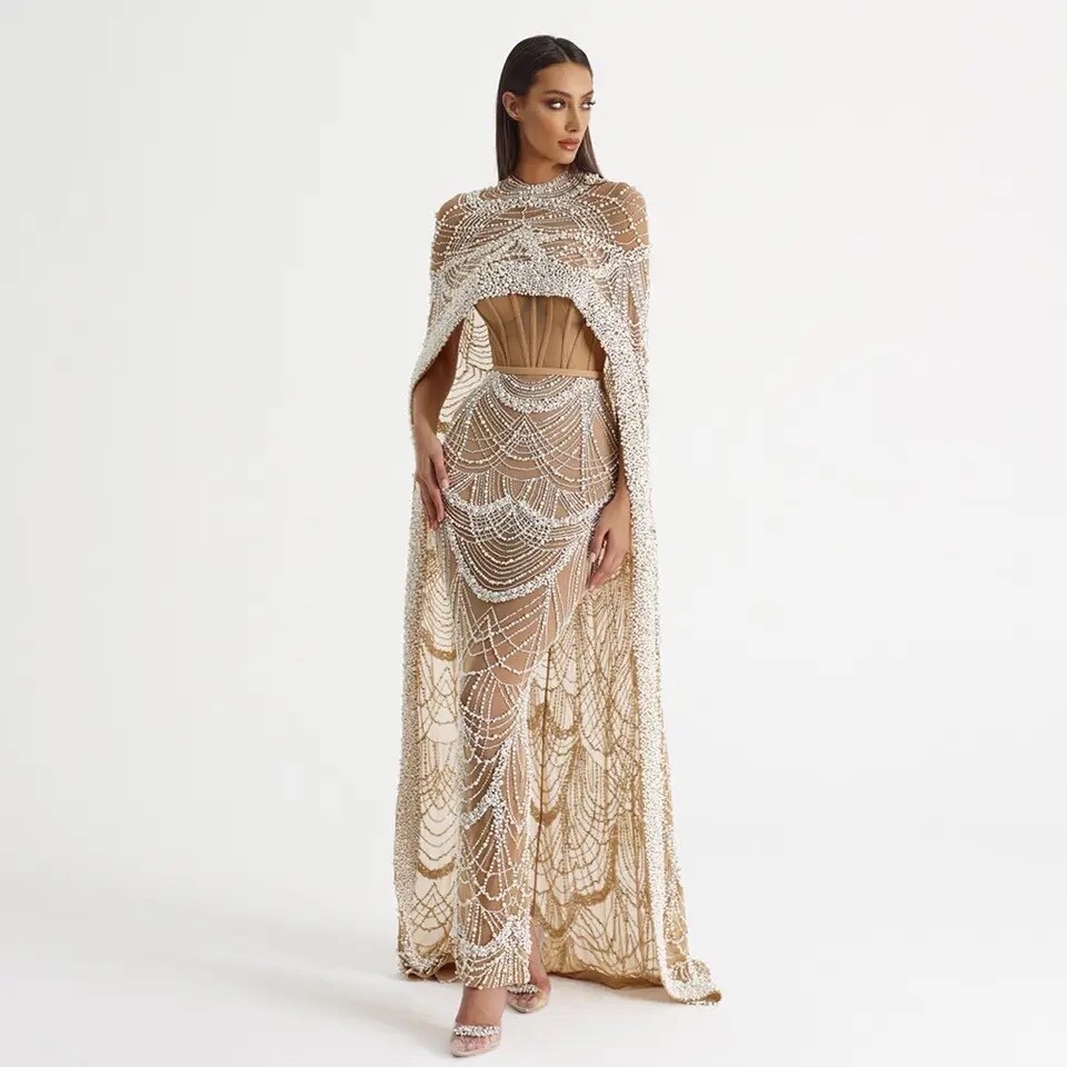 Luxury Pearls Champagne Evening Dresses with Cape Available In Different Colors