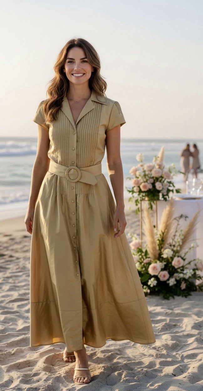 Kay Unger 100% Silk Taffeta Belted Shirt Sleeve Soft Gold Maxi Dress Gown Sz 8
