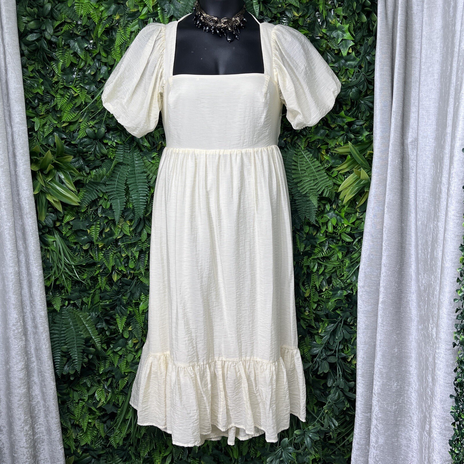 WAYF Dress Women Large Yellow Maxi Bohemian Puff Sleeve Cut Out Striped 2211