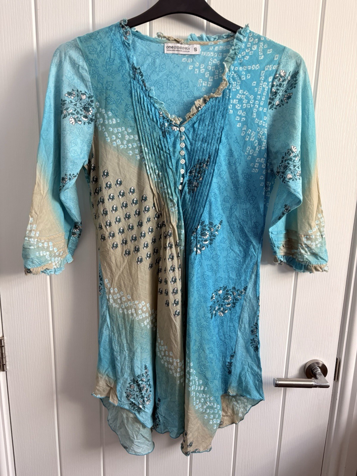 One Season Australia Turquoise cotton Silk Floral Coverup dress Tunic Small