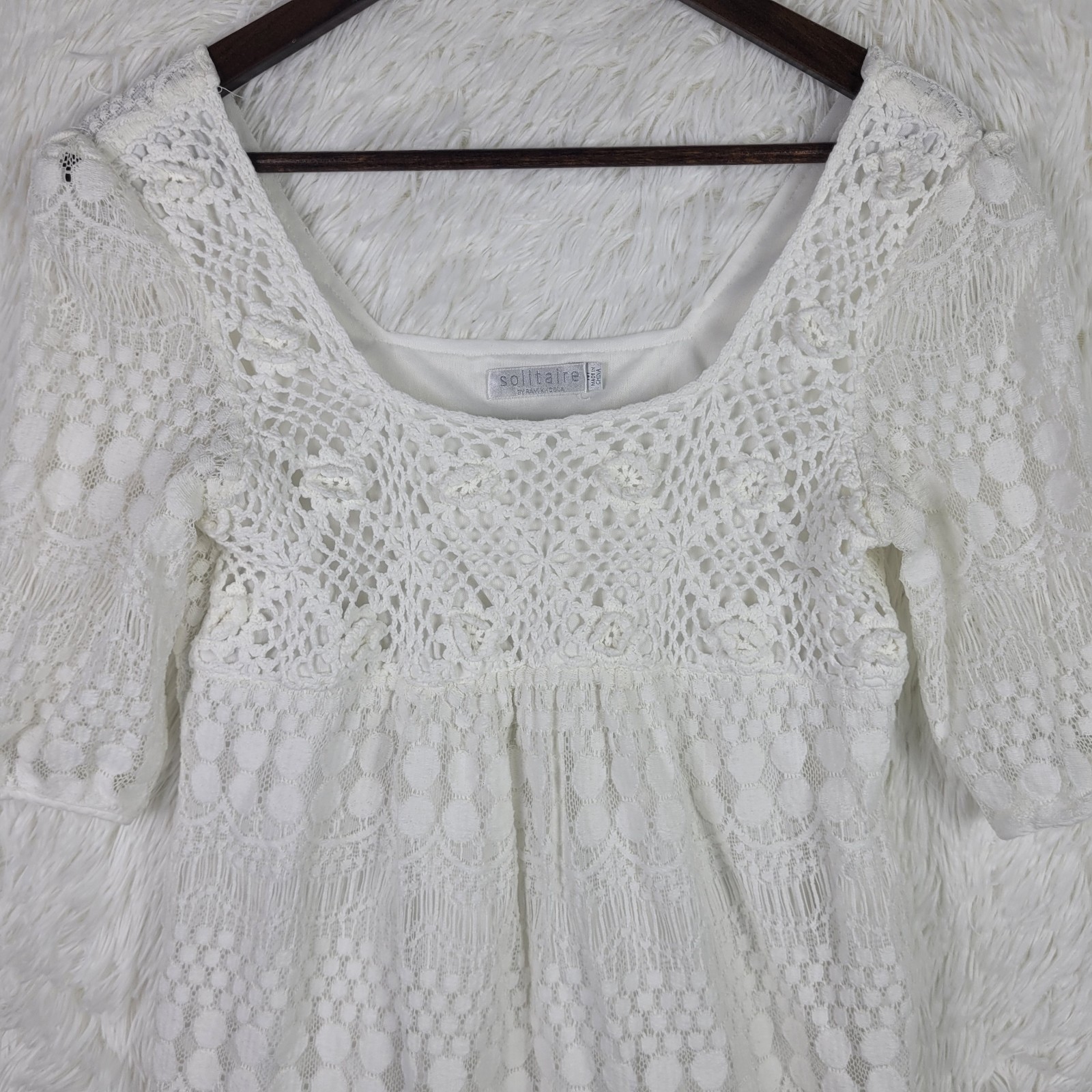 Solitaire Crochet White Knee Length Lined Tiered Dress Fringe Cottagecore Sz Med