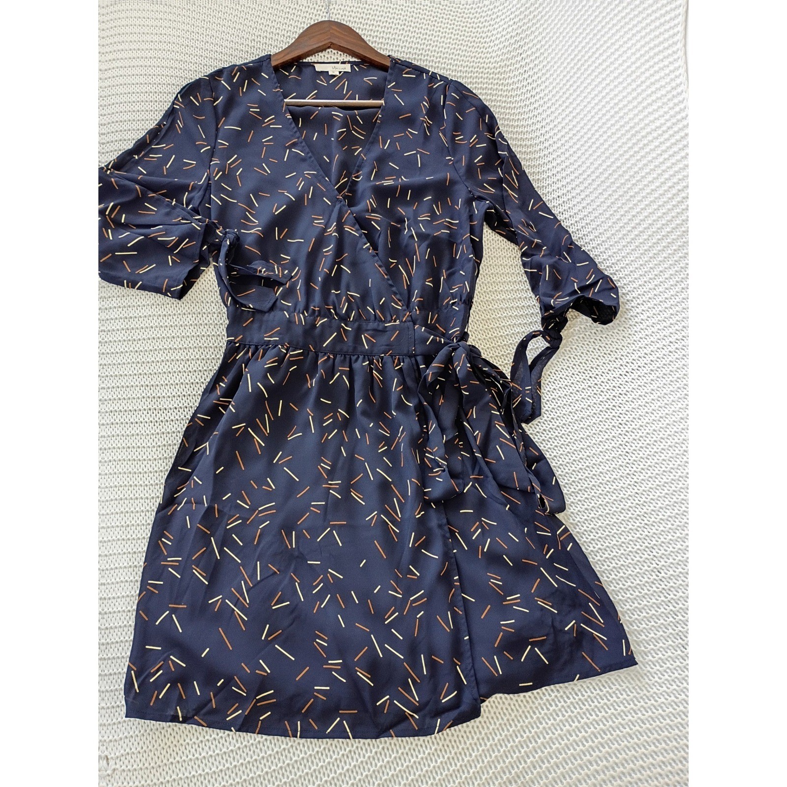 Memuse Whimsical Navy Blue Abstract Print Wrap Mini Dress Short Sleeve S/M NWOT