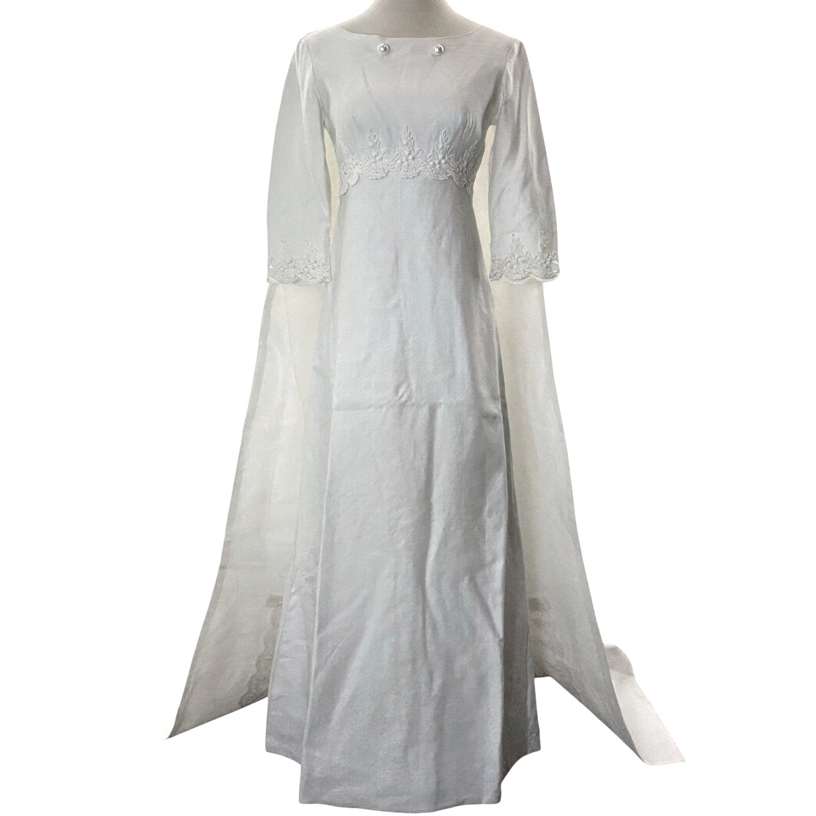 Vintage 60s White Wedding Dress w Train Empire Waist Union Made Women’s XS