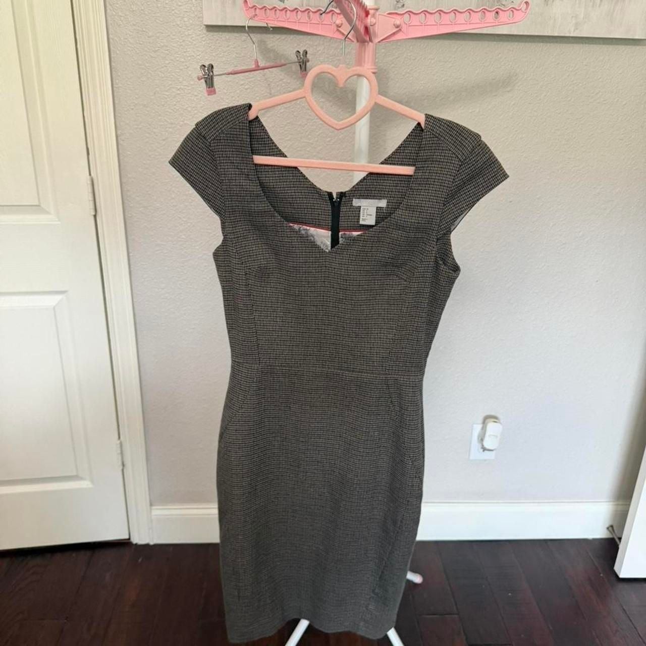 H&M Grey Tan Black Plaid Sheath Midi Dress Size 4