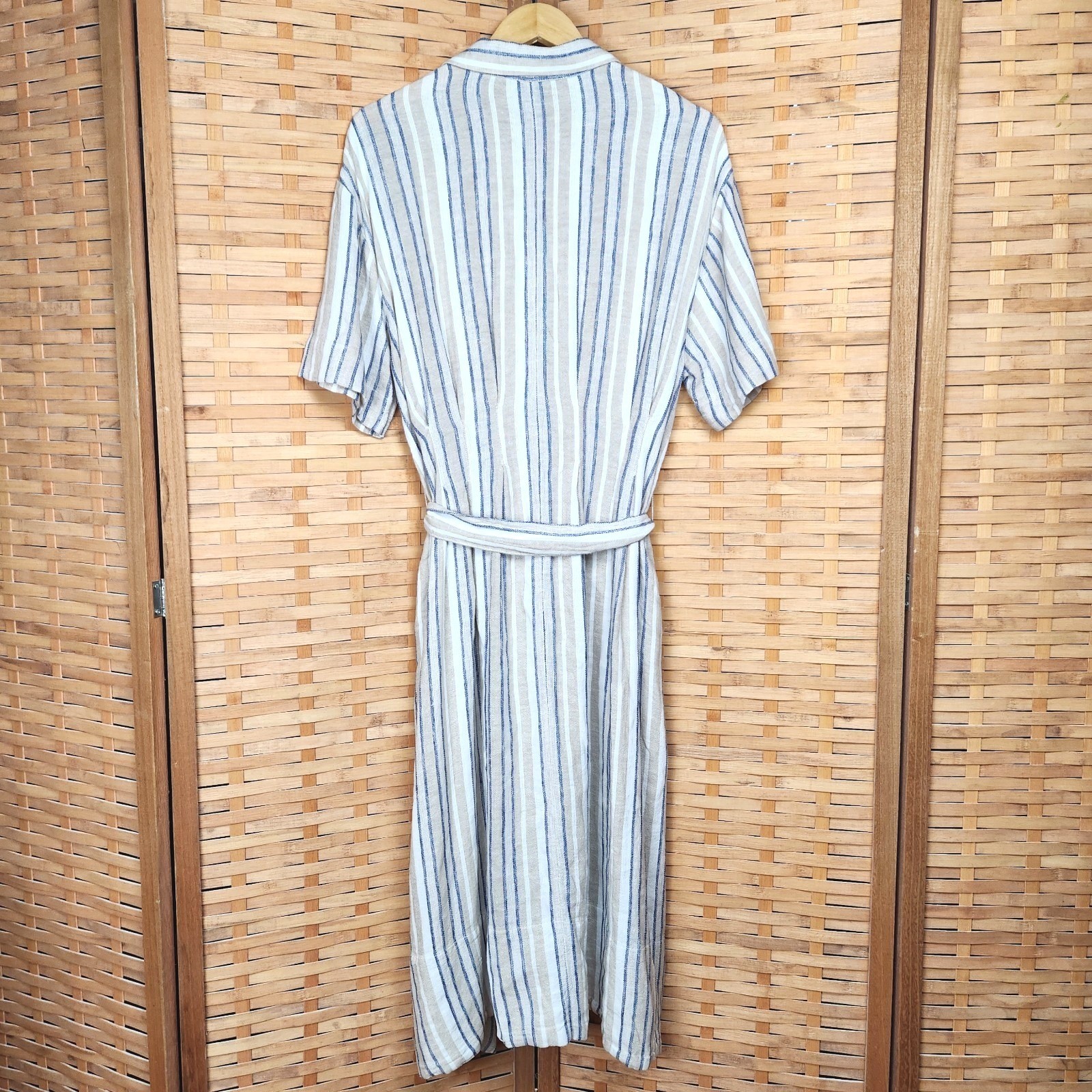 Banana Republic Linen Blend Striped Midi Shirt Dress Size M White Blue Nautical