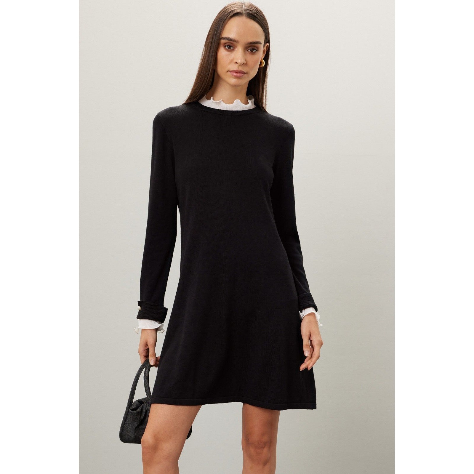 CeCe Black Knit Dress NWT Ruffle Collar Pearl Cuff Old Money Chic Minimalist