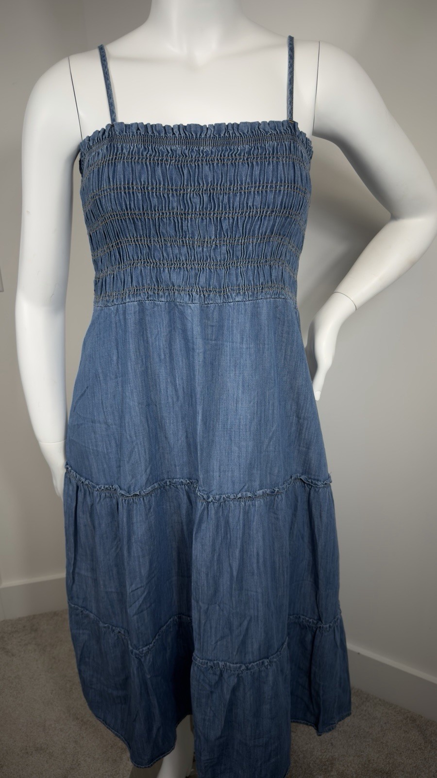 AK Jeans Chambray Smocked Midi Dress Blue Adjustable Straps Women’s XL