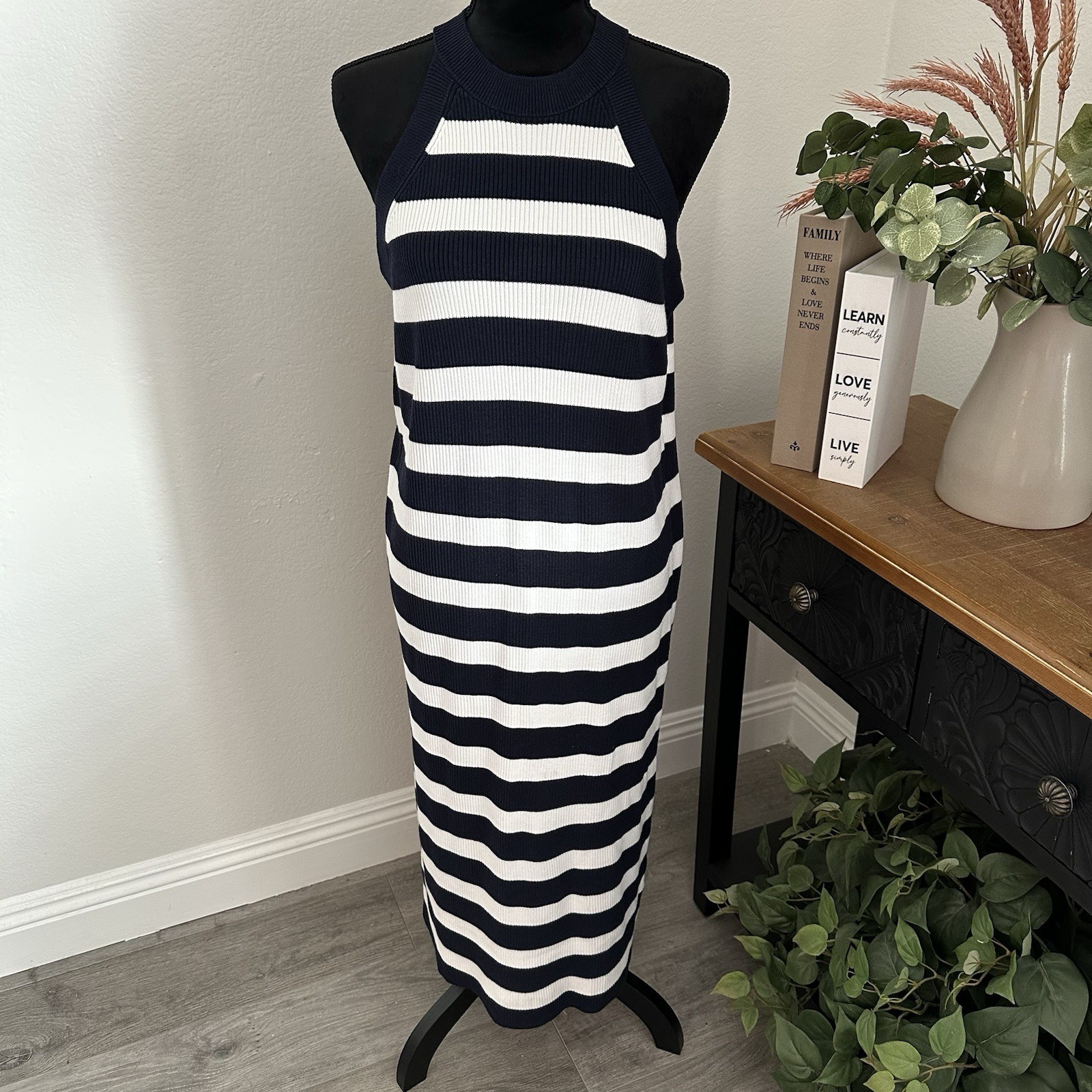 NWT Old Navy Midi Haltered Top, Over-the-head, Navy And White Stripped Dress