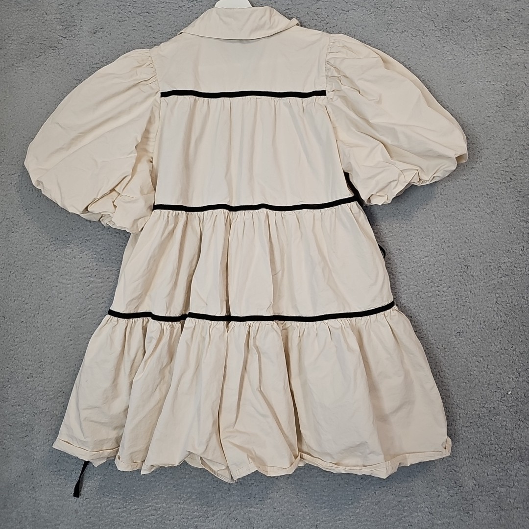 Sofie the Label Tiered Dress Womens Puff Sleeve Button Front Size M Medium Beige