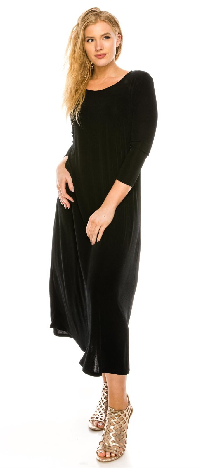 Black DRESS Long Sleeve Ankle Length Easy Care Poly Spandex Stretch Travel