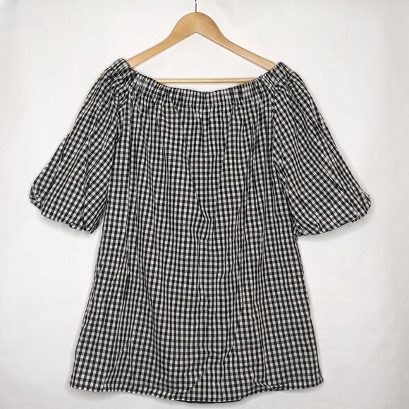 SOPRANO GINGHAM DRESS SMALL OFF SHOULDER BLACK WHITE TRAPEZE PUFF SLEEVES Spring